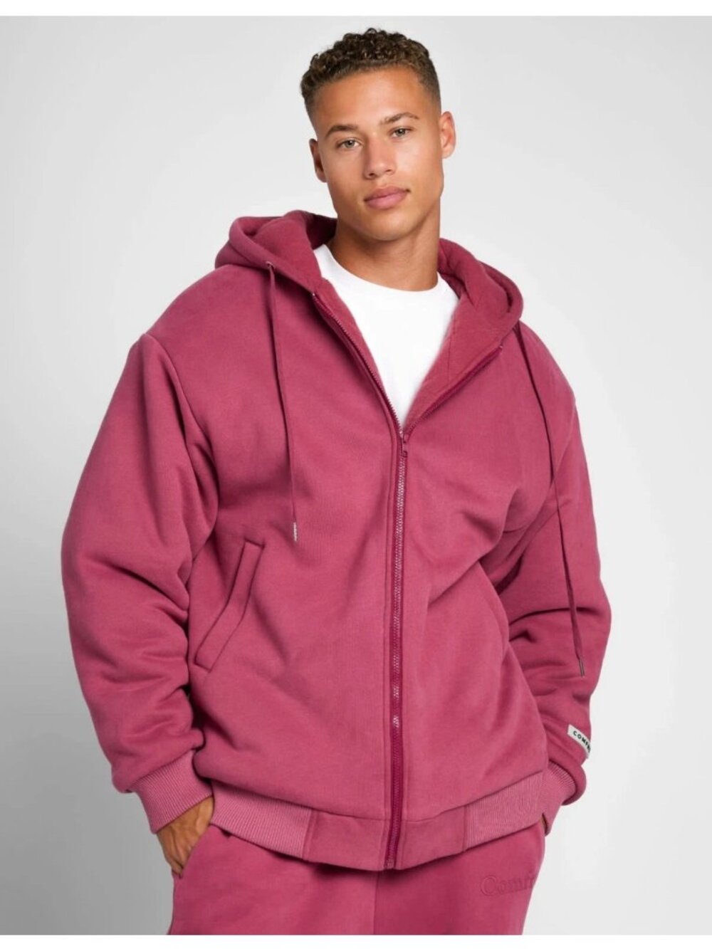 Comfrt Clound Zip Oversized Hoodie Large Beige Heavy Cotton Quilted Cozy Lounge